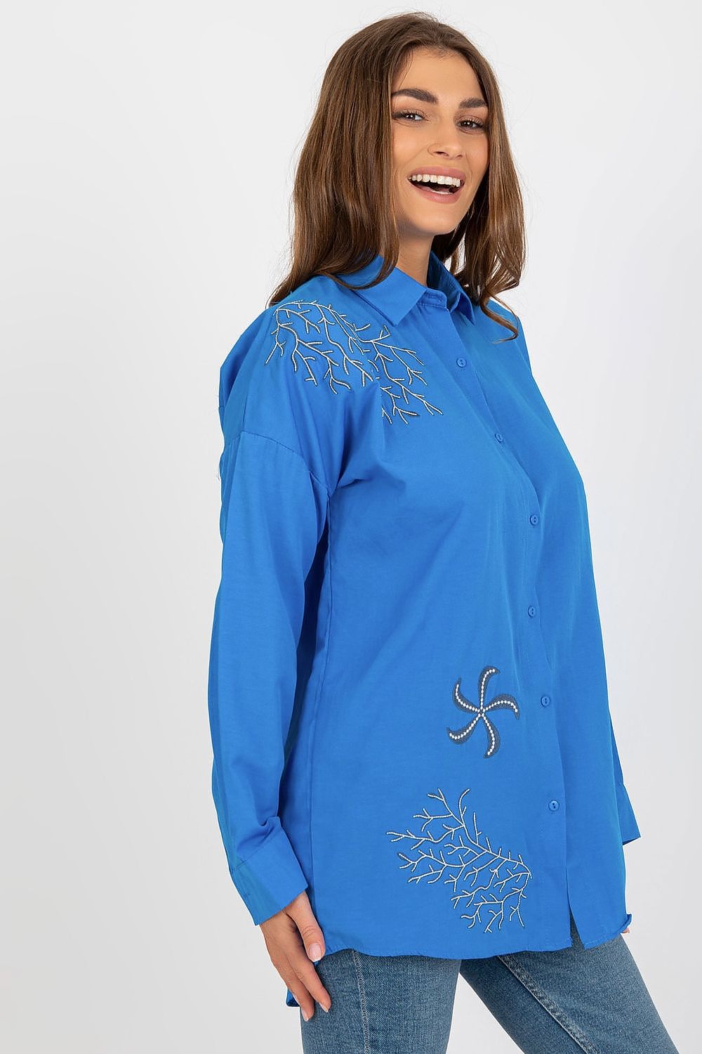 Blue Embroidered Loose Women's Shirt-Women's Shirts-LeStyleParfait