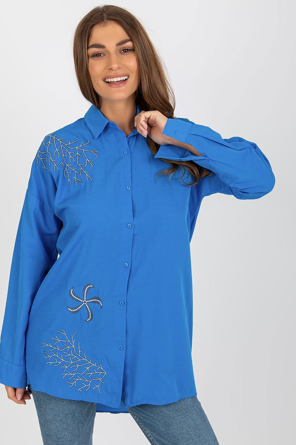Blue Embroidered Loose Women's Shirt-Women's Shirts-LeStyleParfait