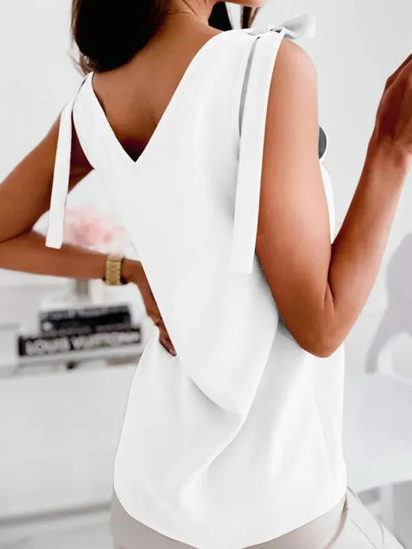 Bow V-neck Knit Women Tank Top - Women Tops & Blouses | LeStyleParfait-Women Tops