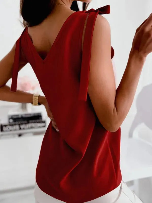 Bow V-neck Knit Women Tank Top - Women Tops & Blouses | LeStyleParfait-Women Tops