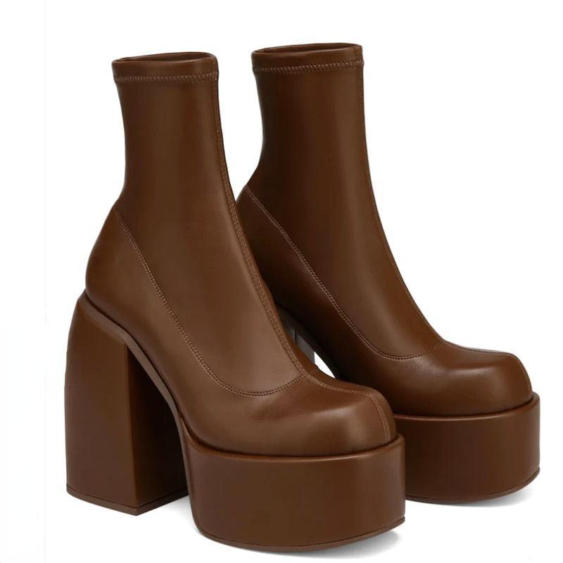 Brown Chunky Platform Boots - Wedge Shoes - LeStyleParfait