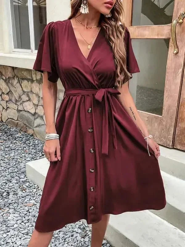 A-line,A-line dress,button-down,button-down dress,buttons,casual,casual dress,cotton,cotton dress,dress dress,ladies Wrinkle resistant,midi,midi hem dress,Quick drying midi dress,regular,regular dress,short sleeve,short sleeve dress,solid,solid dress,straight,summer,summer dress,V-neck,V-neck dress-LeStyleParfait