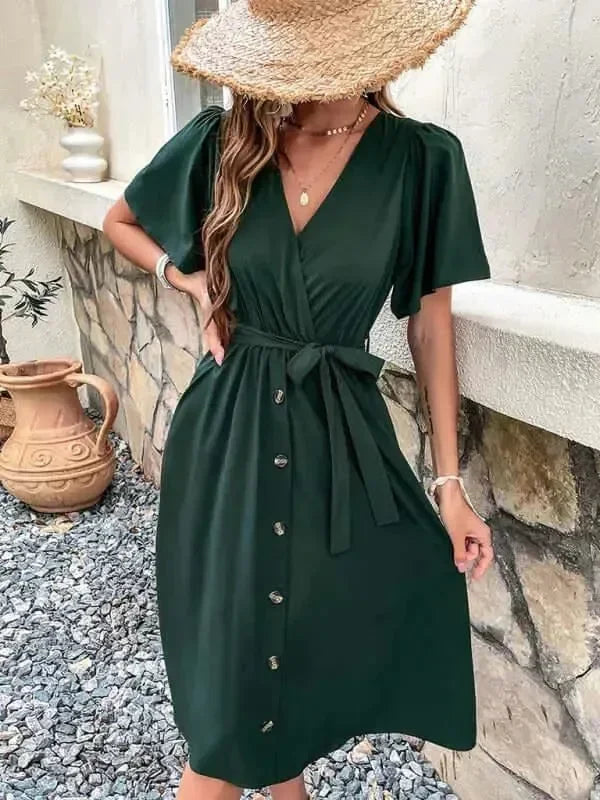 A-line,A-line dress,button-down,button-down dress,buttons,casual,casual dress,cotton,cotton dress,dress dress,ladies Wrinkle resistant,midi,midi hem dress,Quick drying midi dress,regular,regular dress,short sleeve,short sleeve dress,solid,solid dress,straight,summer,summer dress,V-neck,V-neck dress-LeStyleParfait