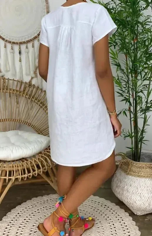 A-line,a-line dress,above-the-knee dress,casual,casual dress,ladies Wrinkle resistant,linen,linen dress,mini,Quick drying mini dress,relaxed,relaxed dress,shift,short sleeve,short sleeve dress,slip-on,slip-on dress,solid,solid dress,straight,straight dress,summer,summer dress,V-neck,v-neck dress-LeStyleParfait