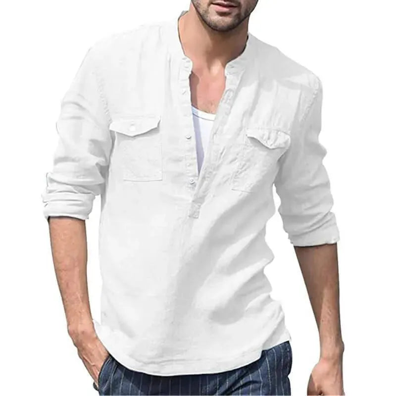 LeStyleParfait Men Shirts Classy Plain-Solid Cotton-Linen Shirt fashion image