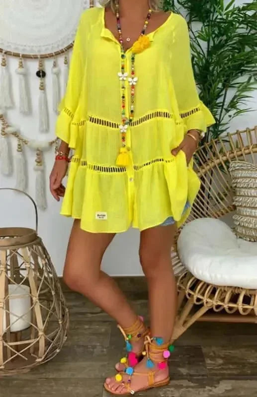 A-line,A-line dress,casual,casual dress,flared,ladies Wrinkle resistant,linen,linen dress,loose,loose dress,mini,mini dress,Quick drying mini dress,slip-on,slip-on dress,solid,solid dress,straight,summer,summer dress,three-quarter sleeves dress,tiered,tiered dress,V-neck,V-neck dress-LeStyleParfait