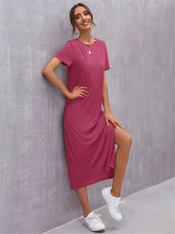 Casual Pink Cotton Shift Midi Dress fashion image