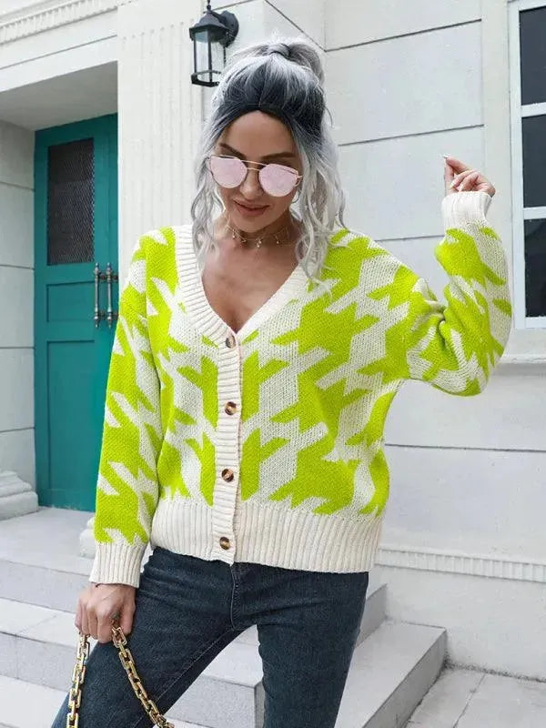 Check Loose Knit Cardigan Sweater - Cardigan Sweater - LeStyleParfait