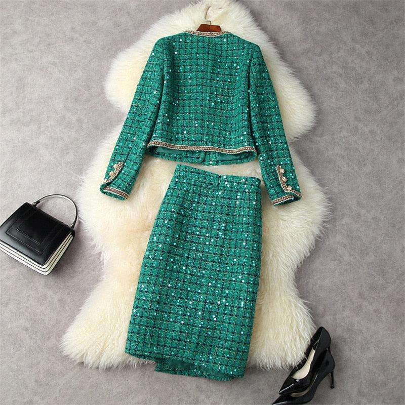 Checked Sequined Tweed Skirt Suit - Skirt Suit - LeStyleParfait