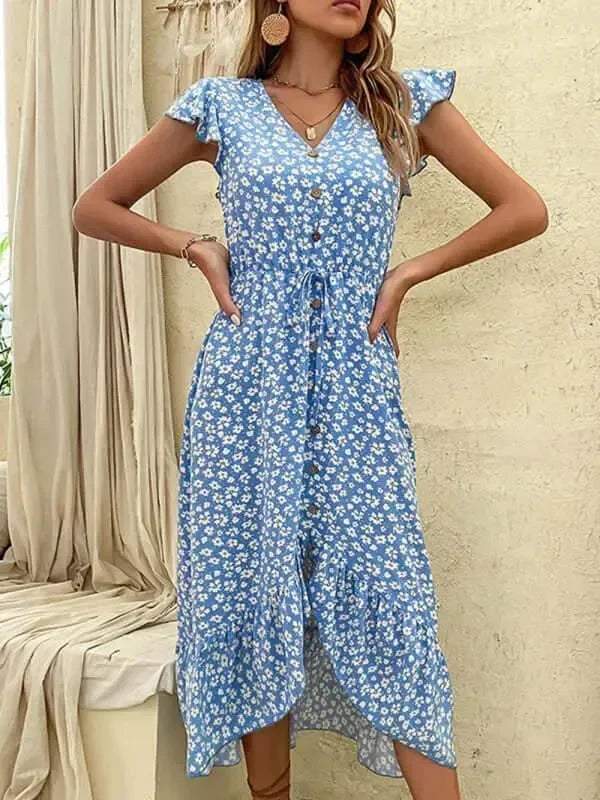 A-line,A-line dress,button-down,button-down dress,buttons,casual,casual dress,chiffon,chiffon dress,floral,floral dress,flowy,flowy dress,ladies Wrinkle resistant,midi,midi hem dress,midi-dress,Quick drying midi dress,relaxed-fit dress,ruffled,short sleeve,short sleeves dress,summer,summer dress,V-neck,V-neck dress-LeStyleParfait