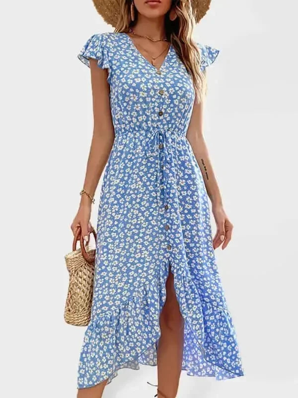 A-line,A-line dress,button-down,button-down dress,buttons,casual,casual dress,chiffon,chiffon dress,floral,floral dress,flowy,flowy dress,ladies Wrinkle resistant,midi,midi hem dress,midi-dress,Quick drying midi dress,relaxed-fit dress,ruffled,short sleeve,short sleeves dress,summer,summer dress,V-neck,V-neck dress-LeStyleParfait