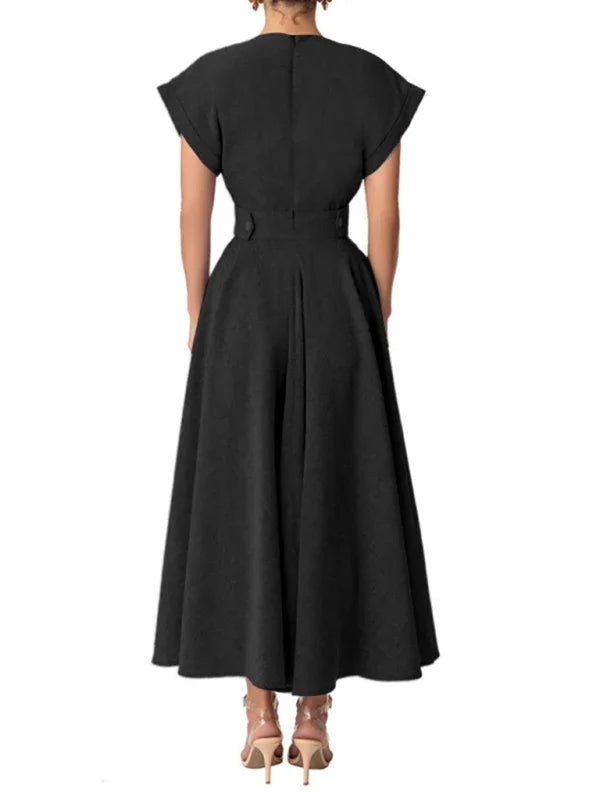 A-line,A-line dress,casual,casual dress,cotton,ladies Wrinkle resistant,midi,midi hemline dress,pockets,polyester dress,Quick drying midi dress,regular,regular fit dress,sleeveless,sleeveless dress,slip-on,slip-on dress,solid,solid dress,straight,summer,summer dress,V-neck,V-neck dress-LeStyleParfait