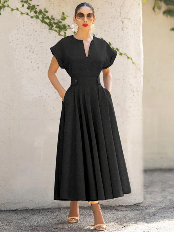 A-line,A-line dress,casual,casual dress,cotton,ladies Wrinkle resistant,midi,midi hemline dress,pockets,polyester dress,Quick drying midi dress,regular,regular fit dress,sleeveless,sleeveless dress,slip-on,slip-on dress,solid,solid dress,straight,summer,summer dress,V-neck,V-neck dress-LeStyleParfait
