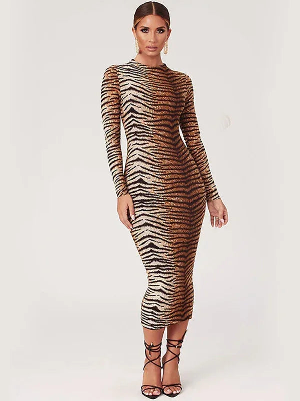 Chic Animal Print Bodycon Midi Dress fashion image