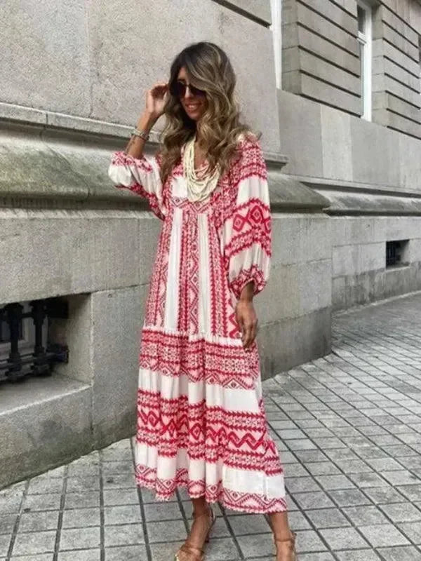a-line dress,abstract,balloon sleeve,balloon sleeves dress,casual,casual dress,cotton,cotton dress,dress,empire,flowy,geometric dress,ladies Wrinkle resistant,maxi,maxi dress,Quick drying maxi dress,slip-on,slip-on dress,straight,straight hem dress,summer,summer dress,tiered,tiered dress,true-to-size dress,V-neck,v-neck dress-LeStyleParfait