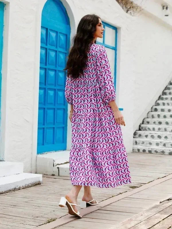 a-line dress,abstract,balloon sleeve,balloon sleeves dress,casual,casual dress,cotton,cotton dress,dress,empire,flowy,geometric dress,ladies Wrinkle resistant,maxi,maxi dress,Quick drying maxi dress,slip-on,slip-on dress,straight,straight hem dress,summer,summer dress,tiered,tiered dress,true-to-size dress,V-neck,v-neck dress-LeStyleParfait