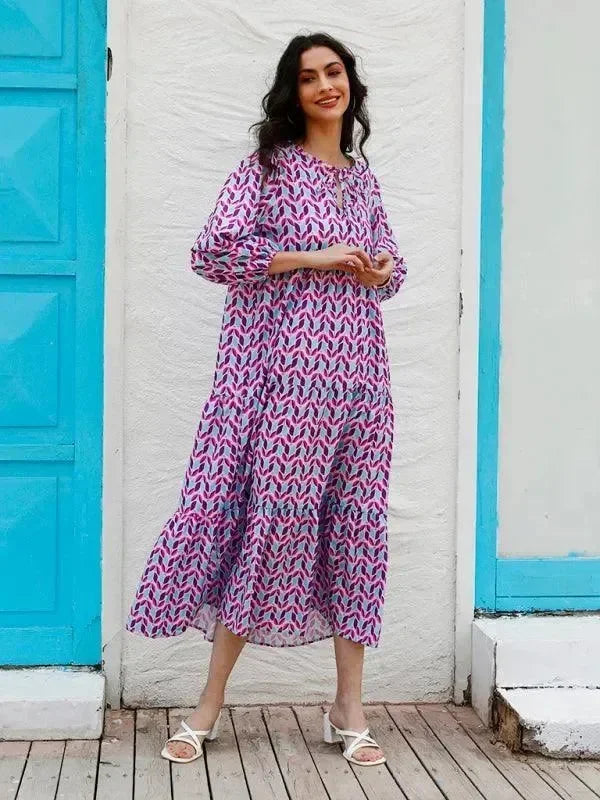 a-line dress,abstract,balloon sleeve,balloon sleeves dress,casual,casual dress,cotton,cotton dress,dress,empire,flowy,geometric dress,ladies Wrinkle resistant,maxi,maxi dress,Quick drying maxi dress,slip-on,slip-on dress,straight,straight hem dress,summer,summer dress,tiered,tiered dress,true-to-size dress,V-neck,v-neck dress-LeStyleParfait
