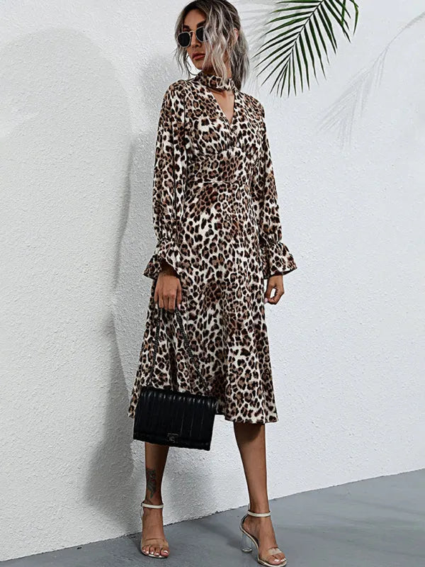 A-line,A-line dress,animal print,animal print dress,casual,casual dress,chiffon,chiffon dress,dress dress,fall,fall dress,ladies wrinkle resistant,long sleeve,long sleeve dress,midi,midi dress,quick drying midi dress,regular,regular dress,slip-on,slip-on dress,straight,V-neck,V-neck dress-LeStyleParfait