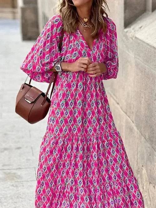 Chic Geometric Cotton Tiered Maxi Dress
