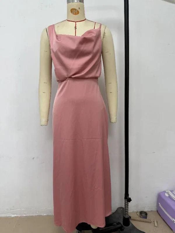 Chic Satin Cowl Neck Midi Dress