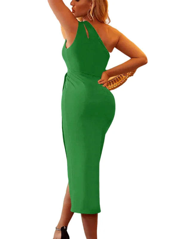 asymmetrical hem dress,high-neck,high-neck dress,ladies Wrinkle resistant,midi,party,party dress,polyester,polyester dress,Quick drying midi dress,sheath,sheath dress,sleeveless,sleeveless dress,slim,slim dress,slip-on,slip-on dress,slit,solid,solid dress,summer,summer dress,wrap,wrap dress-LeStyleParfait