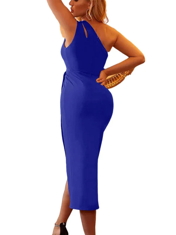 asymmetrical hem dress,high-neck,high-neck dress,ladies Wrinkle resistant,midi,party,party dress,polyester,polyester dress,Quick drying midi dress,sheath,sheath dress,sleeveless,sleeveless dress,slim,slim dress,slip-on,slip-on dress,slit,solid,solid dress,summer,summer dress,wrap,wrap dress-LeStyleParfait