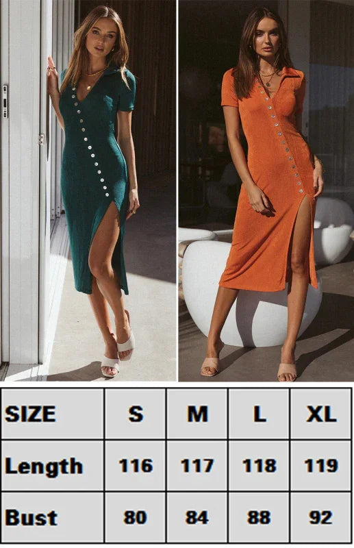 button-down,button-down closure,button-down dress,jersey,ladies Slit detail,midi,midi dress,midi hem dress,party,party dress,party-ready silhouette midi dress,pencil,pencil dress,polyester dress,sheath,sheath dress,short sleeve,short sleeve dress,slim,slim fit dress,slit,solid,solid dress,solid midi dress,summer,summer dress,V-neck,v-neck dress-LeStyleParfait