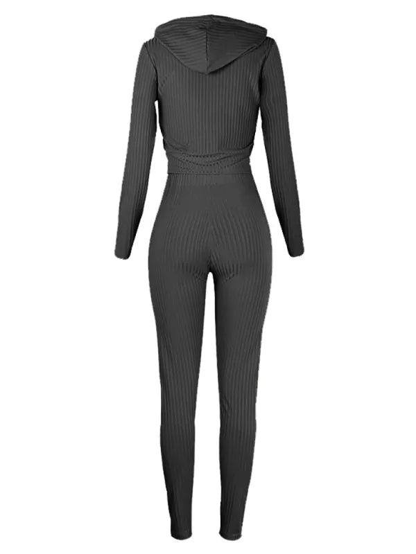 Chic Women Casual Knit Two-Piece Jogger Set Hooded Zipper Long Sleeve Slim Fit Cotton Blend Fall | LeStyleParfait