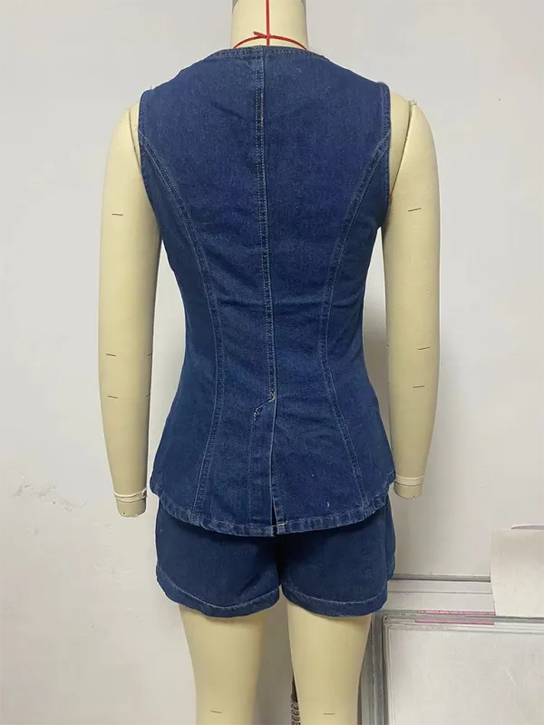 Chic Women Casual Sleeveless Denim Shorts Set - Casual Shorts Set - LeStyleParfait