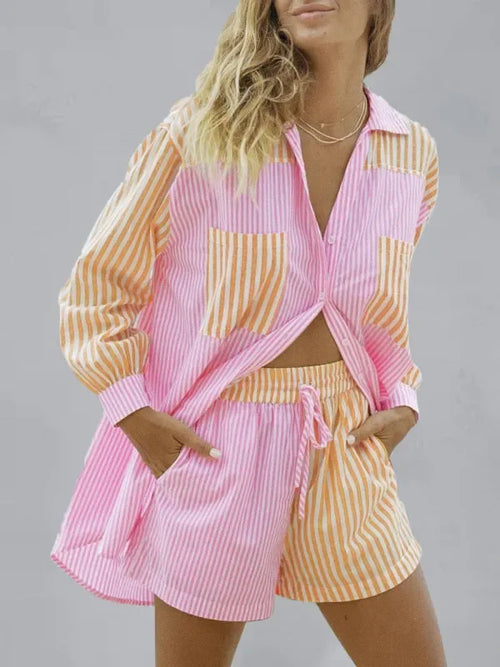 Chic Women Striped Cotton Lounge Shorts Set - Striped Shorts Set - LeStyleParfait