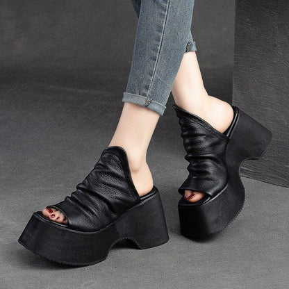 Chunky Heels Leather Wedge Sandals - Wedge Shoes - LeStyleParfait