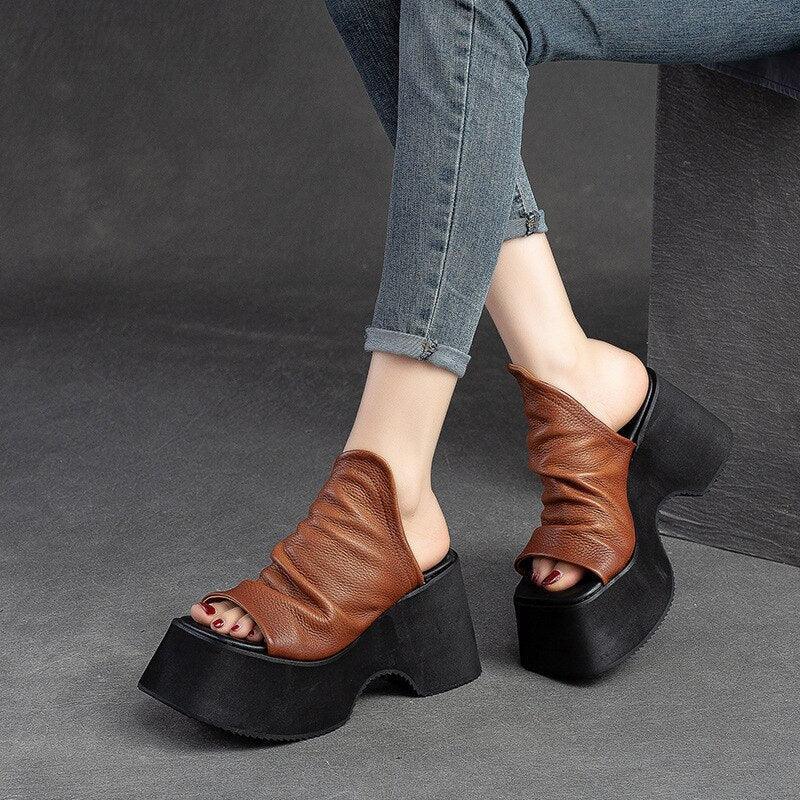 Chunky Heels Leather Wedge Sandals - Wedge Shoes - LeStyleParfait
