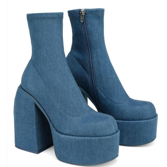 Chunky Jeans Platform Boots - Wedge Shoes - LeStyleParfait