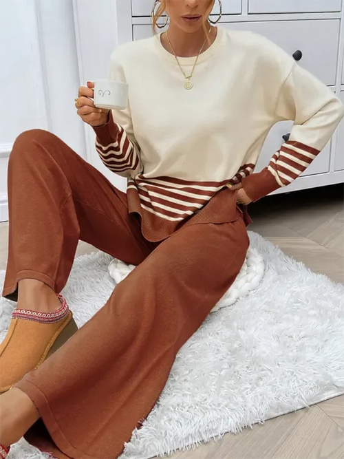 Cozy Women Striped Casual Two-Piece Set - Striped Casual Two-Piece Set - LeStyleParfait