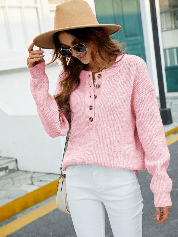 Crew Neck Button Top Pullover Sweater Women - Pullover Sweater - LeStyleParfait