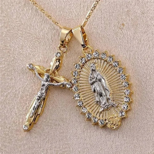 Crucifix + Virgin Mary Necklace - Pendant Necklace - LeStyleParfait