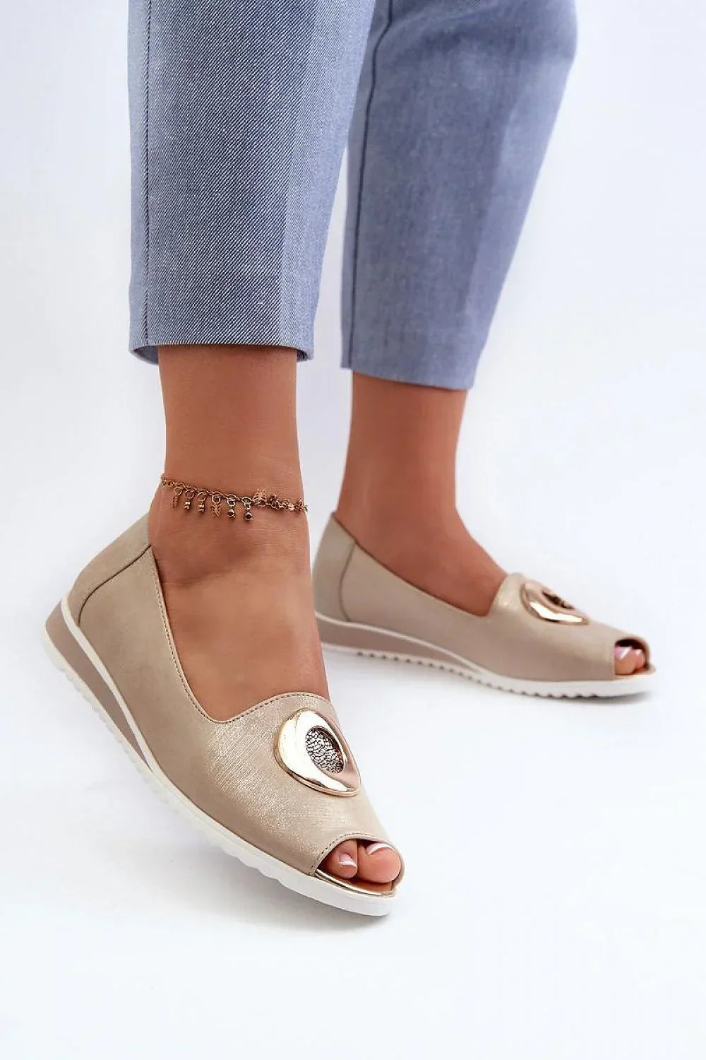 Women's peep toe low heel pumps in gray - front view