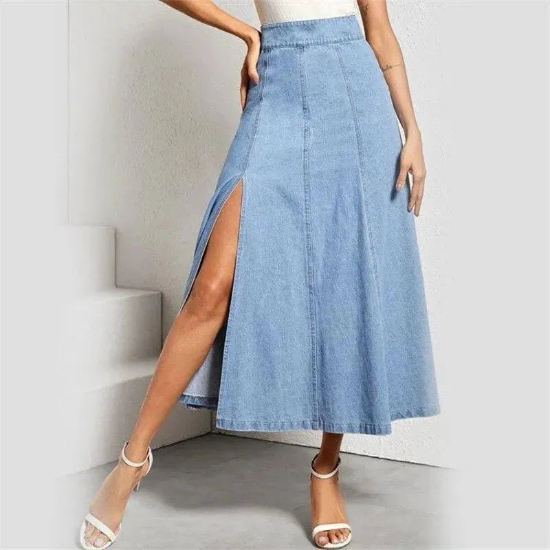 Denim Skirt A-Line With Side Slit - Skirt - LeStyleParfait