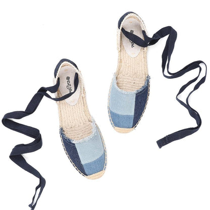 Denim T-Strap Espadrilles Flat Sandals - Sandals - LeStyleParfait