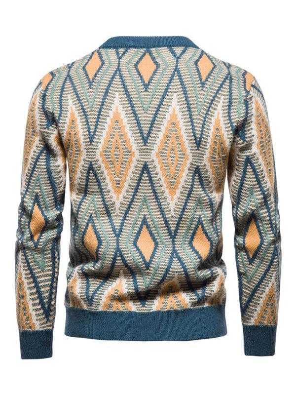 Diamond Jacquard Men Crew Neck Pullover Sweater - Pullover Sweater - LeStyleParfait