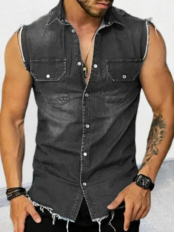 Distressed Sleeveless Men Denim Shirt - Denim Shirt - LeStyleParfait