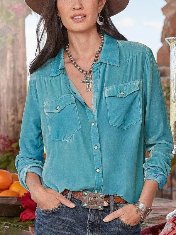 Double-Pocketed Velvet Women Shirt - Women's Shirt - LeStyleParfait