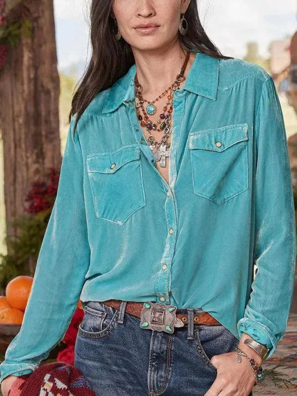 Double-Pocketed Velvet Women Shirt - Women's Shirt - LeStyleParfait