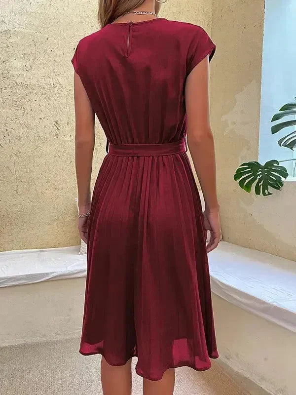 A-line,a-line dress,belt closure,belt closure dress,casual,casual dress,chiffon,chiffon dress,ladies Wrinkle resistant,midi,midi dress,midi hemline dress,pleated,pleated dress,pleats,Quick drying midi dress,regular,regular fit dress,round,round neckline dress,short sleeve,short sleeve dress,solid,solid dress,straight,summer,summer dress-LeStyleParfait