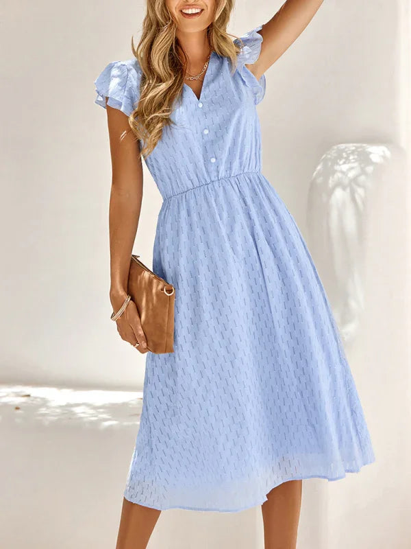 A-line,A-line bottom style dress,A-line dress,casual,casual dress,casual occasion dress,chiffon,cotton dress,flowy,ladies Wrinkle-resistant,midi,midi hemline dress,Quick drying midi dress,relaxed dress,ruffles,short sleeve,short sleeves dress,slip-on,slip-on dress,solid,solid dress,straight,summer,summer dress,V-neck,V-neck dress-LeStyleParfait