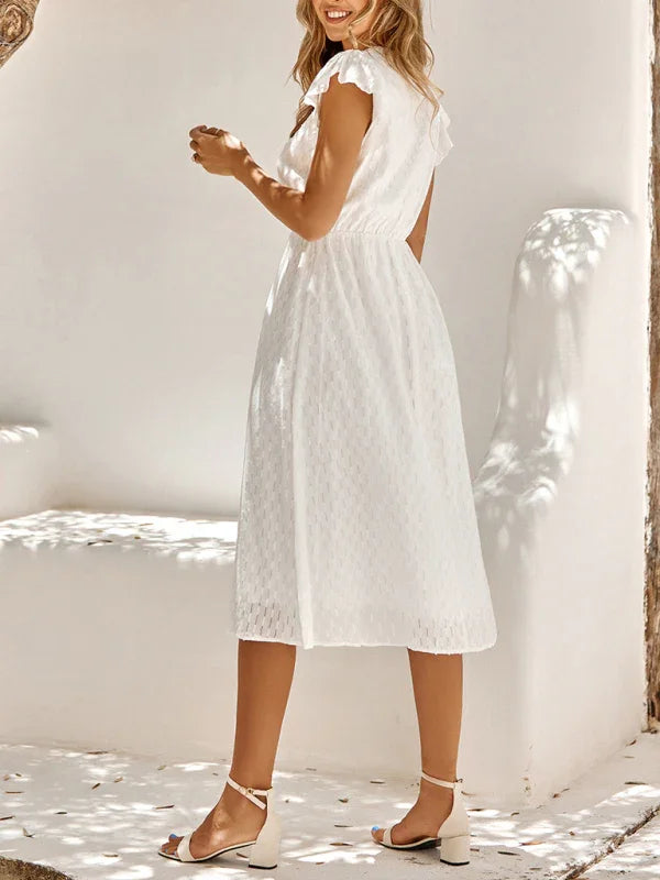 A-line,A-line bottom style dress,A-line dress,casual,casual dress,casual occasion dress,chiffon,cotton dress,flowy,ladies Wrinkle-resistant,midi,midi hemline dress,Quick drying midi dress,relaxed dress,ruffles,short sleeve,short sleeves dress,slip-on,slip-on dress,solid,solid dress,straight,summer,summer dress,V-neck,V-neck dress-LeStyleParfait