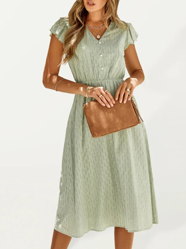 A-line,A-line bottom style dress,A-line dress,casual,casual dress,casual occasion dress,chiffon,cotton dress,flowy,ladies Wrinkle-resistant,midi,midi hemline dress,Quick drying midi dress,relaxed dress,ruffles,short sleeve,short sleeves dress,slip-on,slip-on dress,solid,solid dress,straight,summer,summer dress,V-neck,V-neck dress-LeStyleParfait
