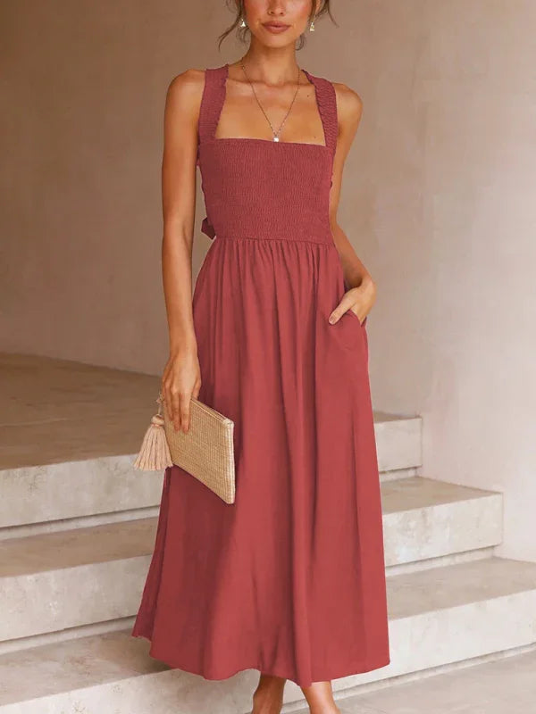 A-line,a-line dress,Breathable,casual,casual dress,cotton,cotton dress,flared,flared dress,flowy,flowy dress,ladies Wrinkle Resistant,midi,midi dress,midi hem dress,pockets,Quick drying,sleeveless,sleeveless dress,slip-on,slip-on dress,solid,solid dress,square,square neckline dress,straight,summer,summer dress,With pockets midi dress-LeStyleParfait