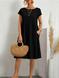 A-line,a-line dress,casual,casual dress,cotton,cotton dress,knee-length,knee-length dress,ladies Pockets,loose,loose fit dress,pockets,Quick drying knee-length dress,round,round neckline dress,short sleeve,short sleeves dress,slip-on,slip-on dress,solid,solid dress,straight,straight dress,summer,summer dress,Wrinkle resistant-LeStyleParfait