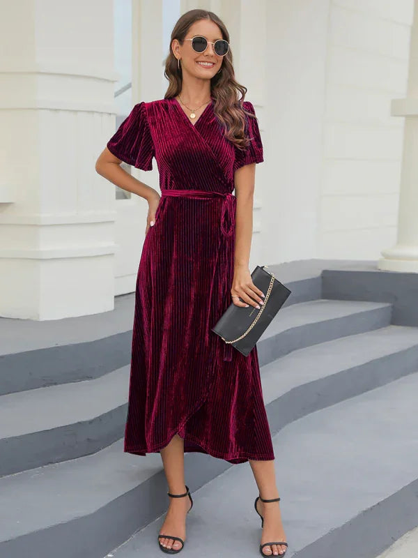 A-line,A-line dress,asymmetrical,asymmetrical dress,asymmetrical hem dress,fall,fall dress,ladies wrinkle-resistant,maxi,maxi dress,party,party dress,quick drying maxi dress,regular,regular dress,short sleeve,short sleeve dress,slit,solid,solid dress,V-neck,V-neck dress,velvet,Velvet Dress,wrap,wrap tie,wrap tie dress-LeStyleParfait